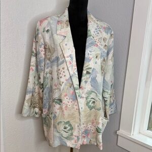 Vintage Alice Stuart Linen Blend Floral Blazer Jacket 90s Cottagecore Coastal
